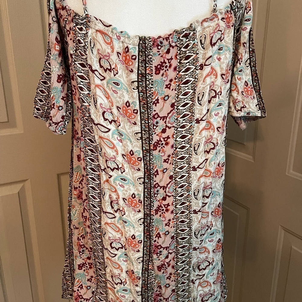 Nanif off the shoulder paisley floral stripe print mini dress. - Picture 3 of 5
